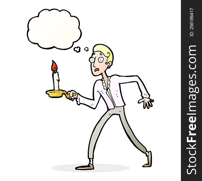 cartoon frightened man walking with candlestick with thought bubble