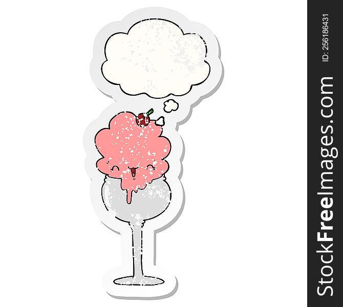 Cute Cartoon Ice Cream Desert And Thought Bubble As A Distressed Worn Sticker