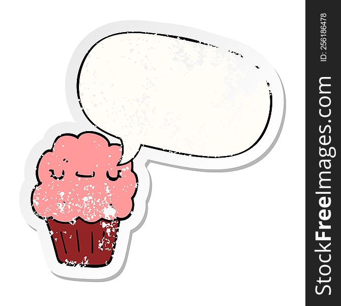 cartoon muffin with speech bubble distressed distressed old sticker. cartoon muffin with speech bubble distressed distressed old sticker