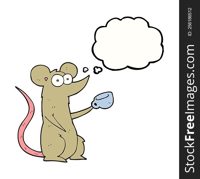 freehand drawn thought bubble cartoon mouse with coffee cup
