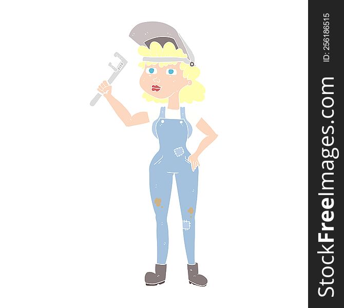 flat color illustration of capable woman with wrench. flat color illustration of capable woman with wrench