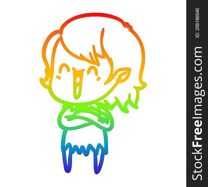 rainbow gradient line drawing of a cute cartoon happy vampire girl