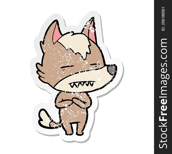 Distressed Sticker Of A Cartoon Wolf Showing Teeth