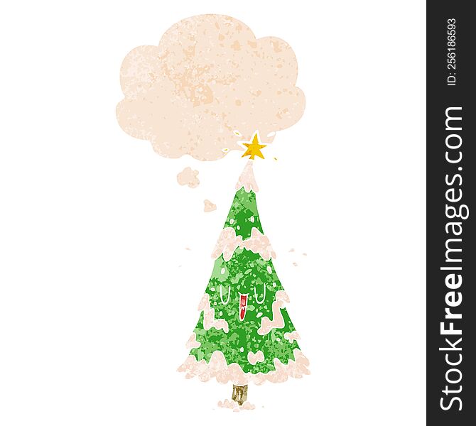 cartoon christmas tree with thought bubble in grunge distressed retro textured style. cartoon christmas tree with thought bubble in grunge distressed retro textured style