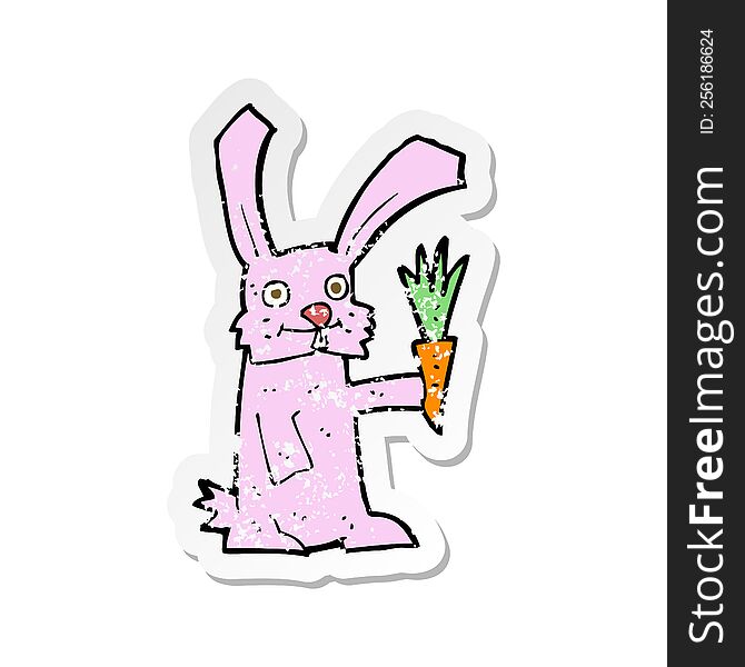 Retro Distressed Sticker Of A Cartoon Rabbit With Carrot