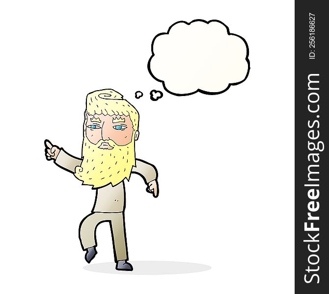 cartoon bearded man pointing the way with thought bubble