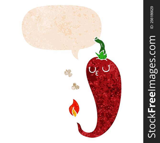 Cartoon Hot Chili Pepper And Speech Bubble In Retro Textured Style
