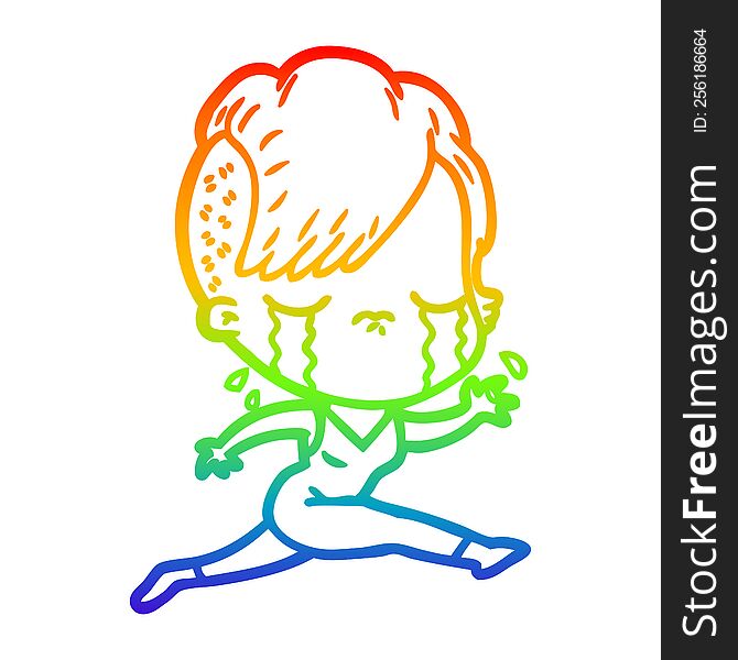 Rainbow Gradient Line Drawing Cartoon Crying Girl Running