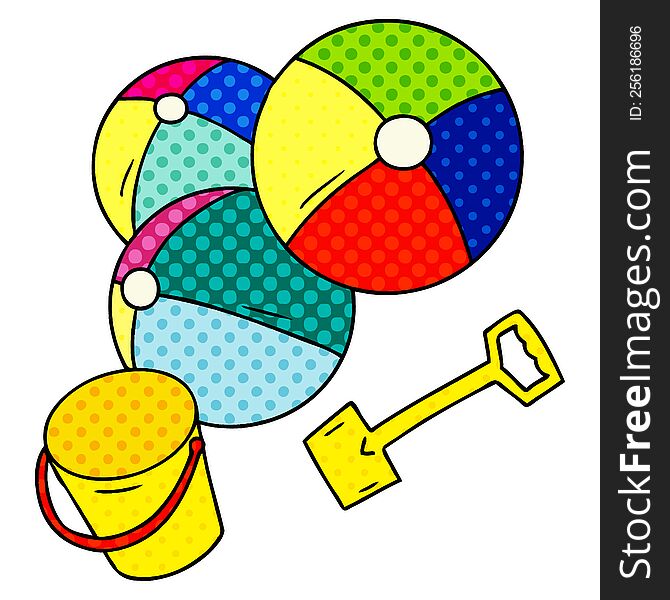 cartoon doodle beach balls with a bucket and spade