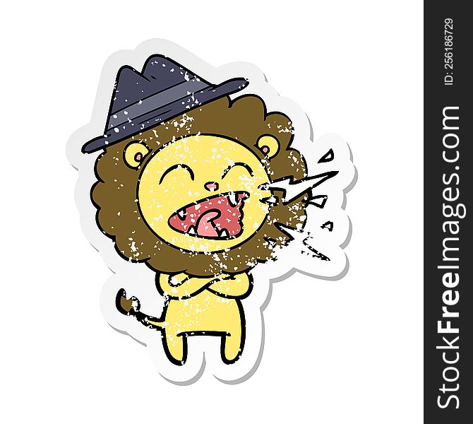 Distressed Sticker Of A Cartoon Roaring Lion Wearing Hat