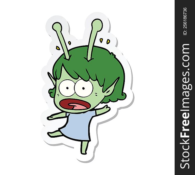 sticker of a cartoon shocked alien girl