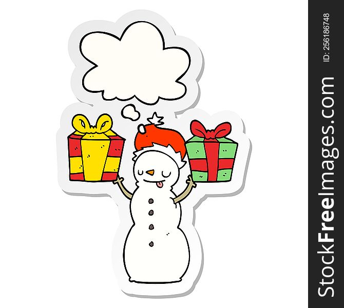 Cartoon Snowman With Present And Thought Bubble As A Printed Sticker
