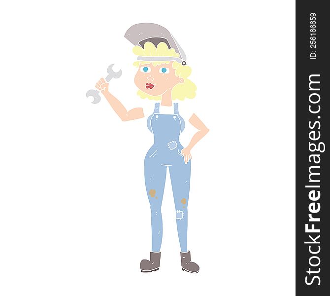 Flat Color Illustration Of A Cartoon Woman With Spanner