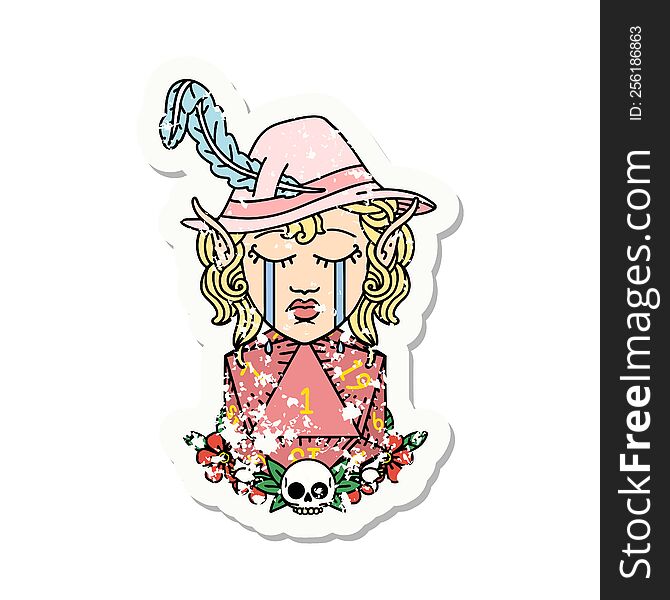grunge sticker of a crying elf bard character with natural one D20 roll. grunge sticker of a crying elf bard character with natural one D20 roll