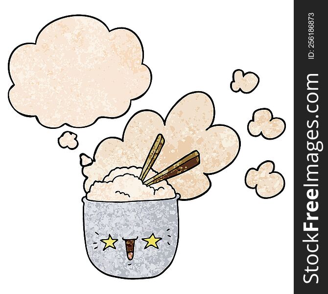 Cute Cartoon Hot Rice Bowl And Thought Bubble In Grunge Texture Pattern Style