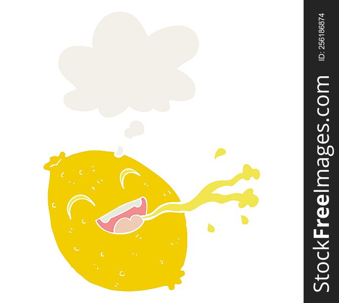Cartoon Squirting Lemon And Thought Bubble In Retro Style