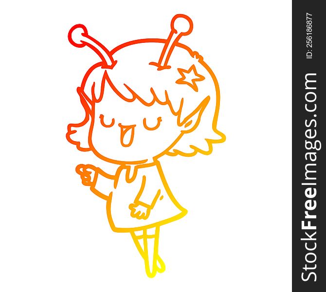 warm gradient line drawing of a happy alien girl cartoon