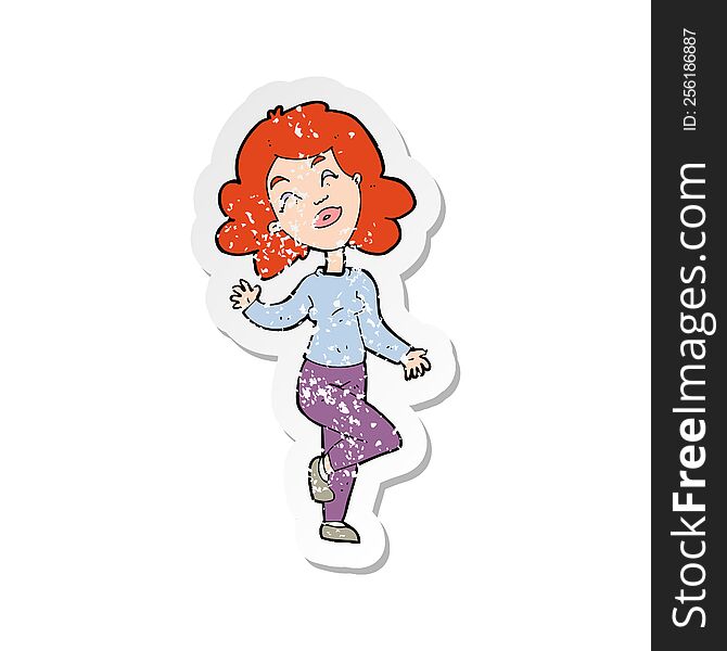 retro distressed sticker of a cartoon happy woman dancing