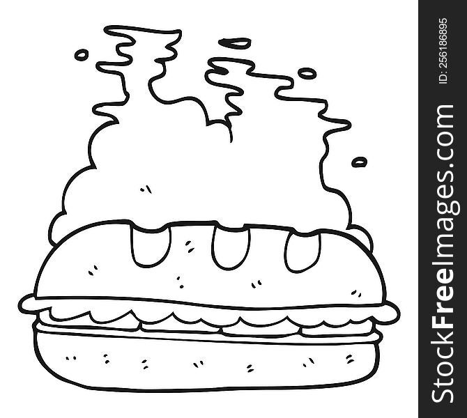 freehand drawn black and white cartoon huge sandwich