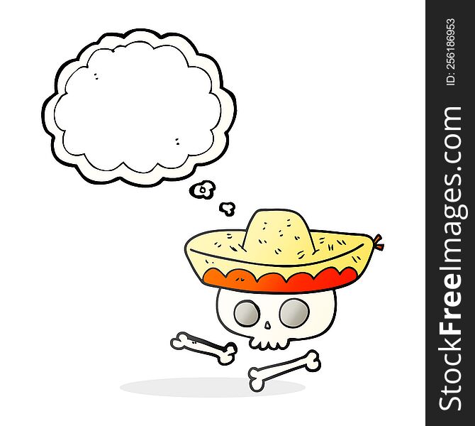freehand drawn thought bubble cartoon skull in mexican hat