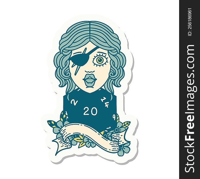 sticker of a human rogue with natural twenty dice roll. sticker of a human rogue with natural twenty dice roll