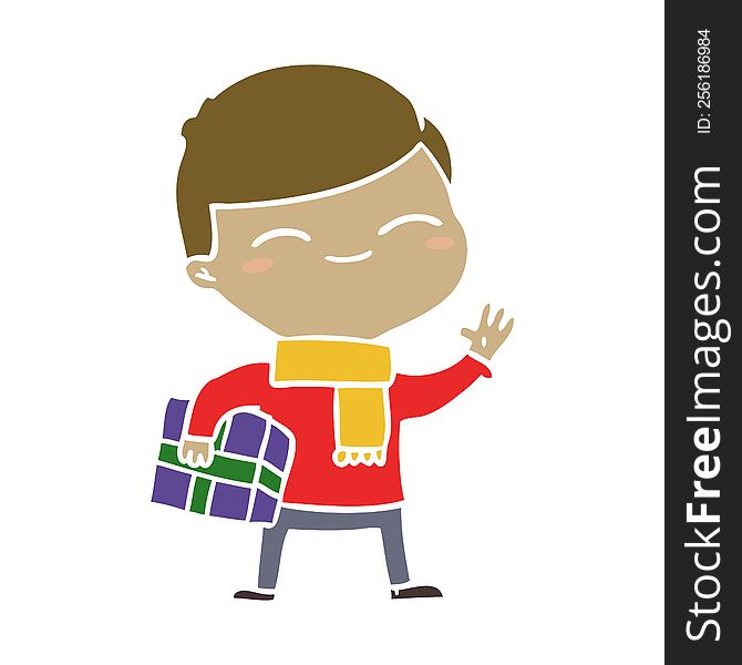 flat color style cartoon smiling boy with gift
