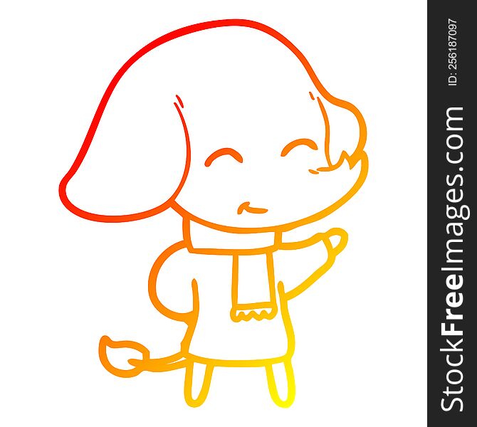warm gradient line drawing of a cute cartoon elephant in winter clothes