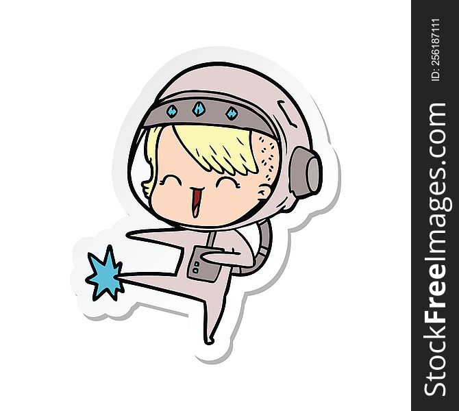 sticker of a happy cartoon space girl kicking