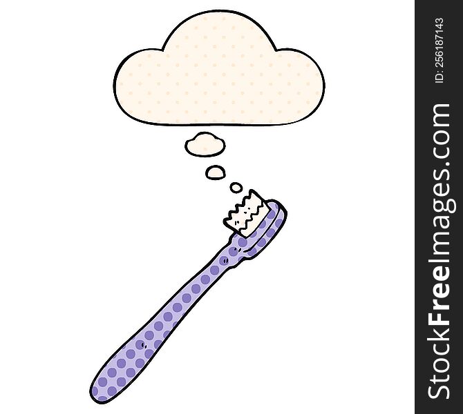 cartoon toothbrush with thought bubble in comic book style