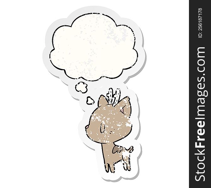 cartoon deer with thought bubble as a distressed worn sticker