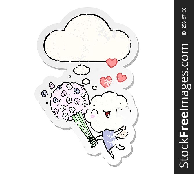 cute cartoon cloud head creature with thought bubble as a distressed worn sticker