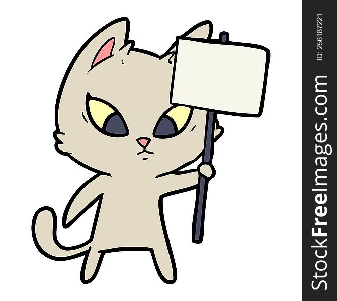 confused cartoon cat with protest sign. confused cartoon cat with protest sign