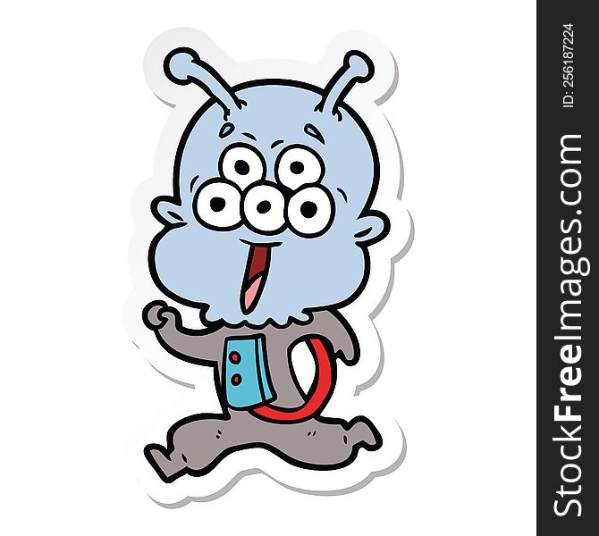 Sticker Of A Happy Cartoon Alien Running