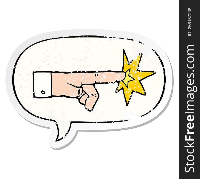 Cartoon Pointing Hand And Speech Bubble Distressed Sticker