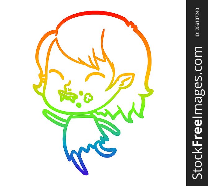 rainbow gradient line drawing of a cartoon vampire girl with blood on cheek