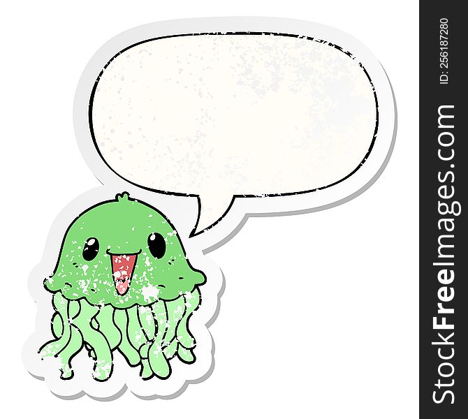 cartoon jellyfish with speech bubble distressed distressed old sticker. cartoon jellyfish with speech bubble distressed distressed old sticker