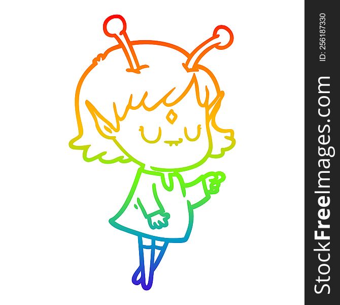 rainbow gradient line drawing of a cartoon alien girl