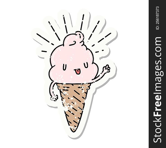 Grunge Sticker Of Tattoo Style Ice Cream Character Waving