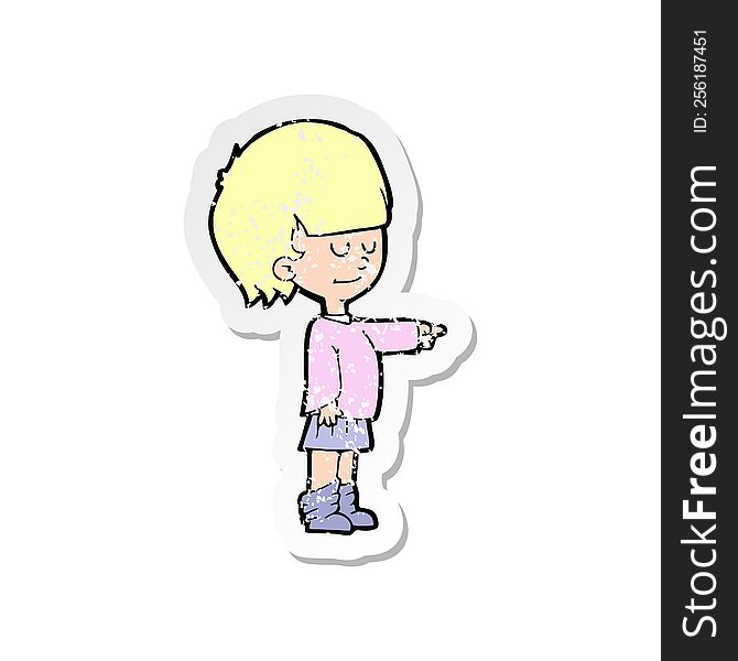 retro distressed sticker of a cartoon girl pointing