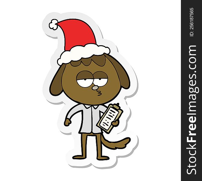 Sticker Cartoon Of A Bored Dog In Office Clothes Wearing Santa Hat