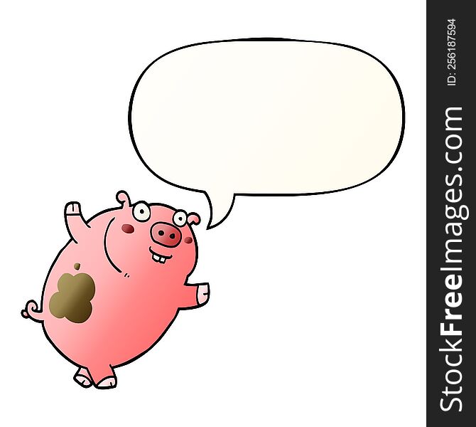 Funny Cartoon Pig And Speech Bubble In Smooth Gradient Style