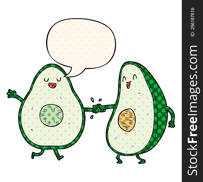 Cartoon Dancing Avocados And Speech Bubble In Comic Book Style