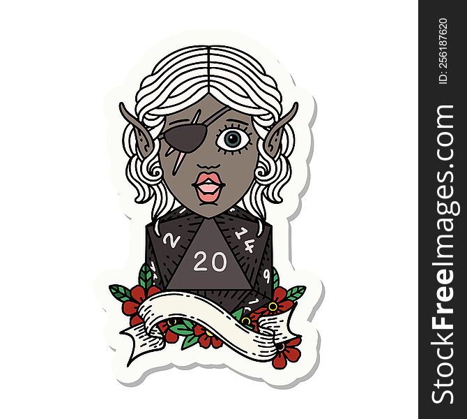 sticker of a elf rogue with natural twenty dice roll. sticker of a elf rogue with natural twenty dice roll