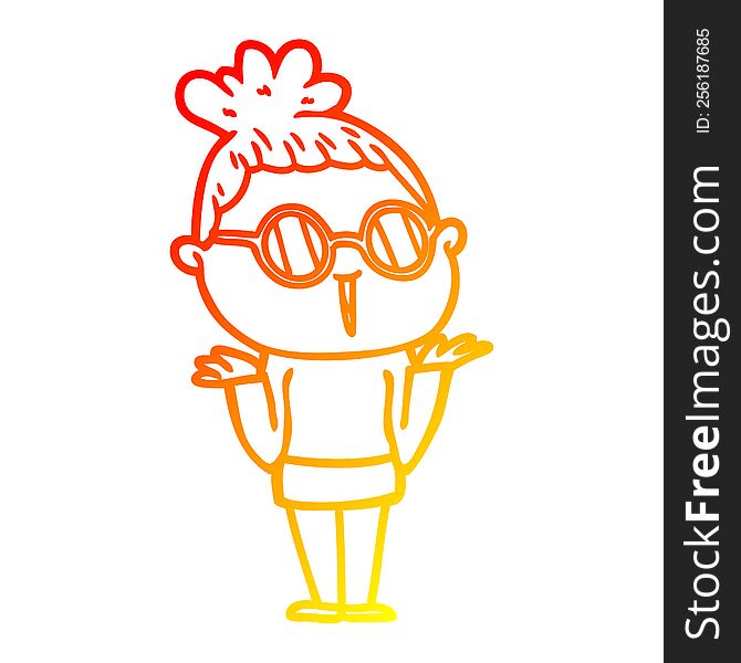 Warm Gradient Line Drawing Cartoon Shrugging Woman Wearing Spectacles