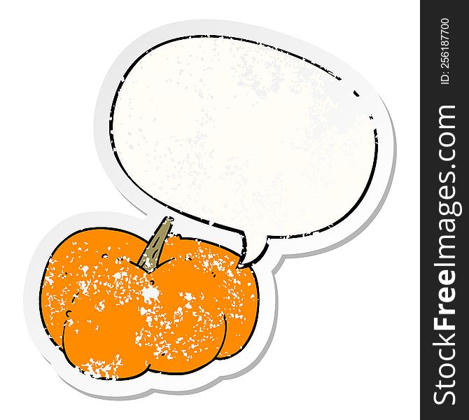 cartoon pumpkin squash with speech bubble distressed distressed old sticker. cartoon pumpkin squash with speech bubble distressed distressed old sticker
