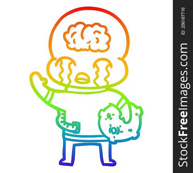 rainbow gradient line drawing cartoon big brain alien crying and waving goodbye