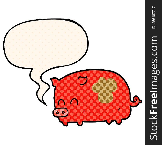 cute cartoon pig with speech bubble in comic book style