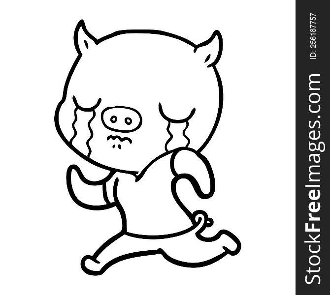 cartoon pig crying running away. cartoon pig crying running away