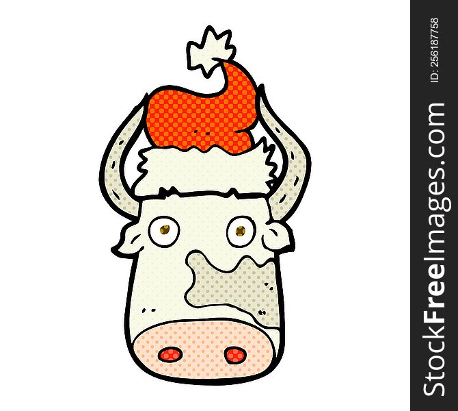 Cartoon Cow Wearing Christmas Hat