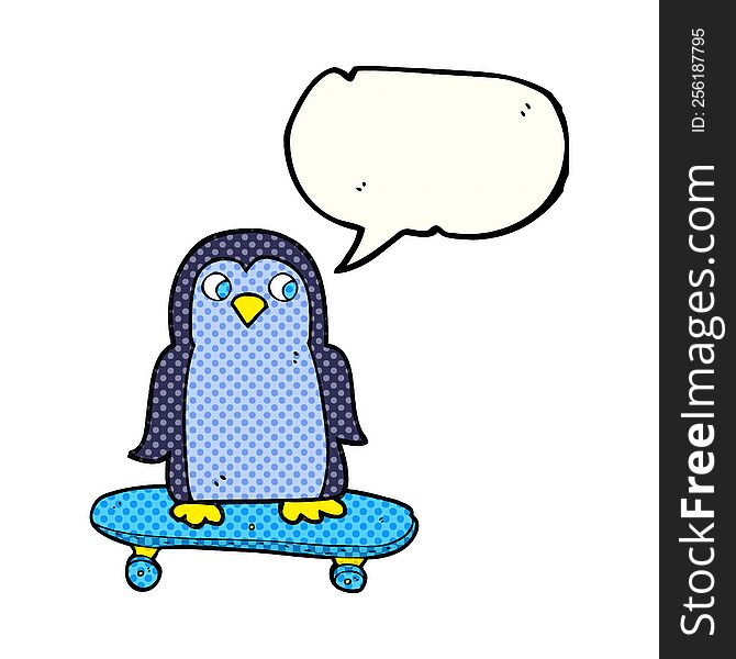 Comic Book Speech Bubble Cartoon Penguin Riding Skateboard